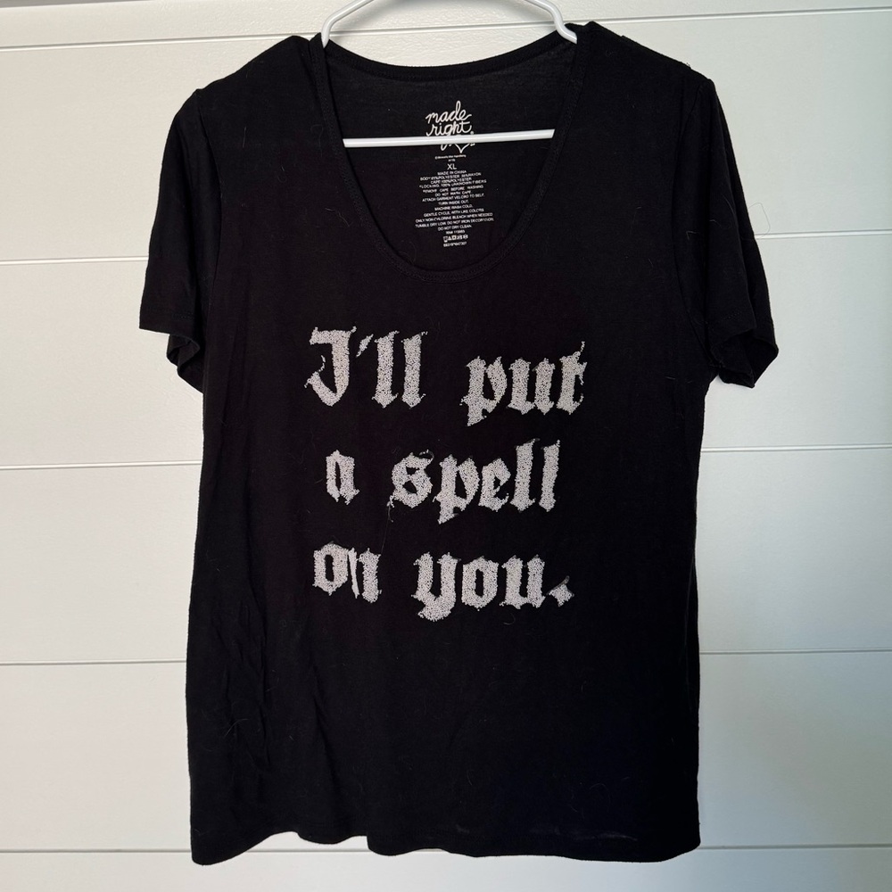 Made Right Black Graphic Halloween Tee with Spell Print, Women’s XL